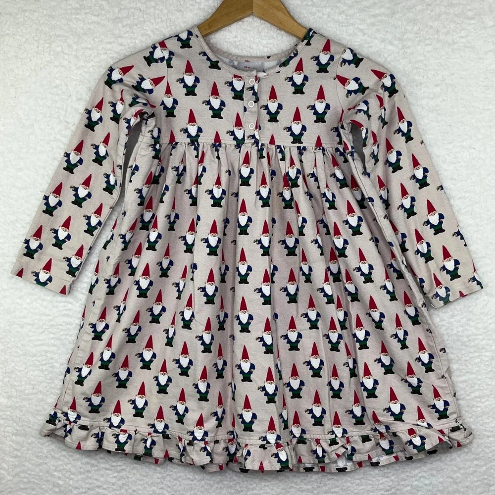 Hanna Andersson Kids Gnome Print Long Sleeve Ruffle Hem Dress Tan Size 110 US 5